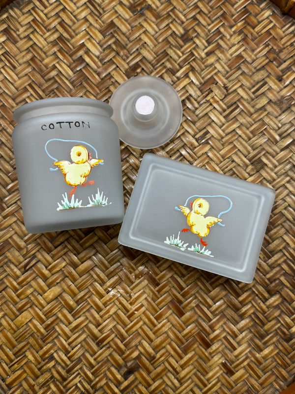 Vintage Frosted Glass Chick Vanity Set (Cotton Jar + Trinket Box)