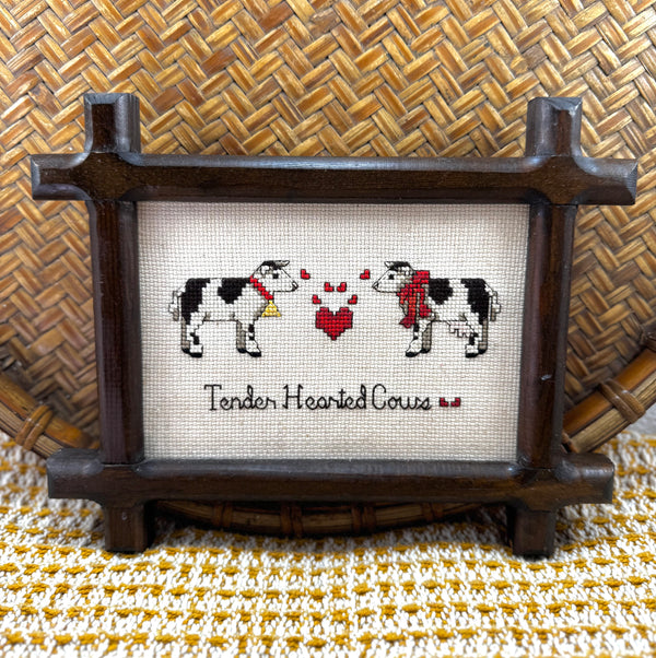 Framed Vintage “Tender Hearted Cows” Needlepoint