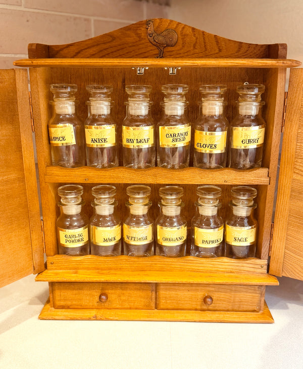Vintage Wooden Spice Cabinet with 12 Glass Bottles